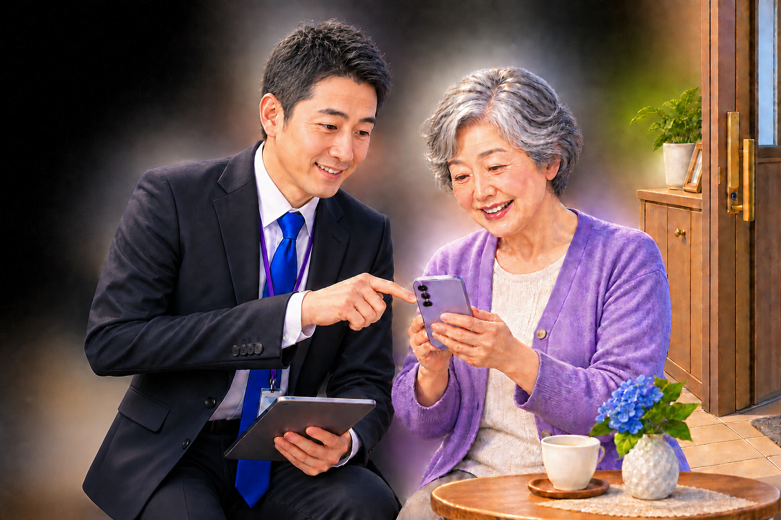 40代男性スタッフがお客様のご自宅でスマートフォンの使い方をご案内する訪問サポートのイメージ